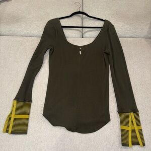 We The Free Olive Top with Yellow Sleeve Accents